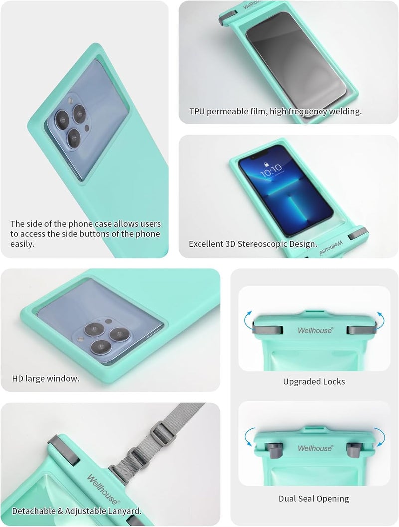 Wellhouse Waterproof Phone Pouch, Waterproof Phone Case for iPhone 16 15 14 13 12 Pro Max XS Samsung, IPX8 3D Cellphone Dry Bag Beach Essentials (1 Pack - Crystal Green8.0, 8 inch) - Image 5